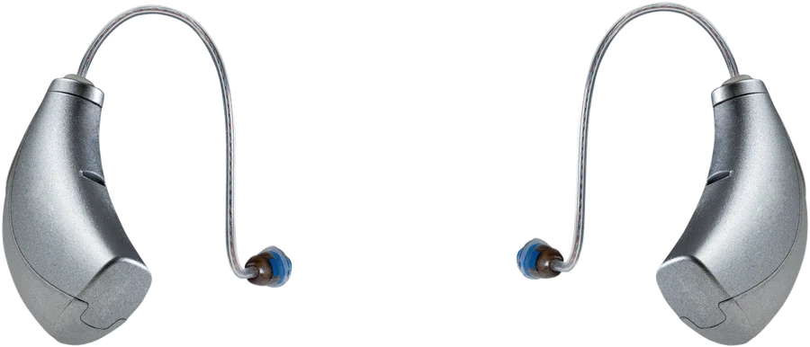 A pair of traditional behind-the-ear hearing aids